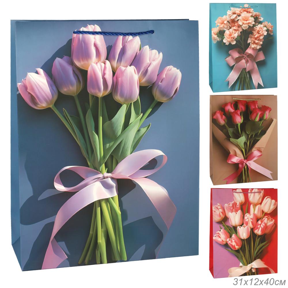 Пакет подарочный 31х40х12 Цветы / 4121-L /уп 12/360/