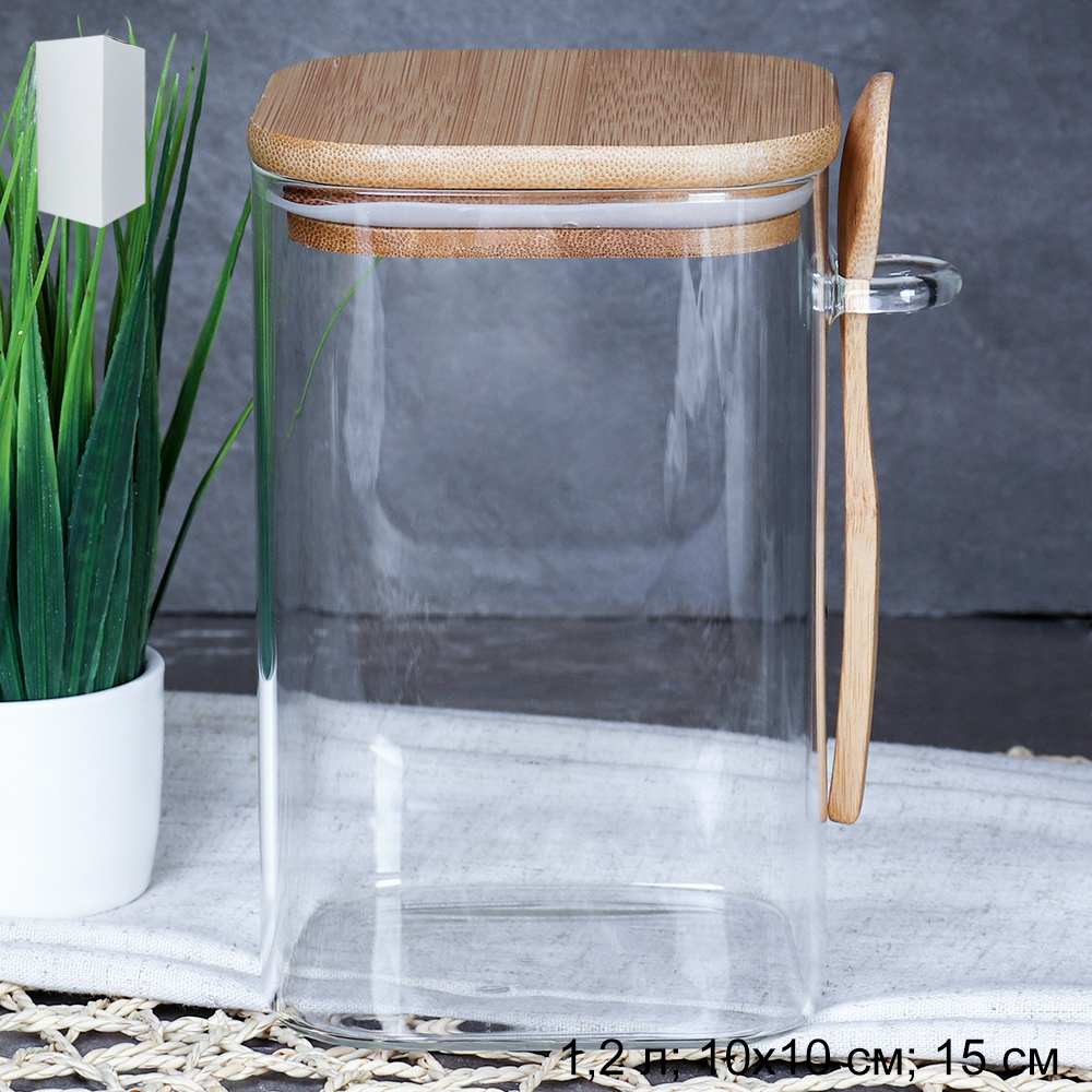Банка квадратная с ложкой бамбуковая крышка 1200 мл 10x10x15 см / LCKW2918 /уп 48/*