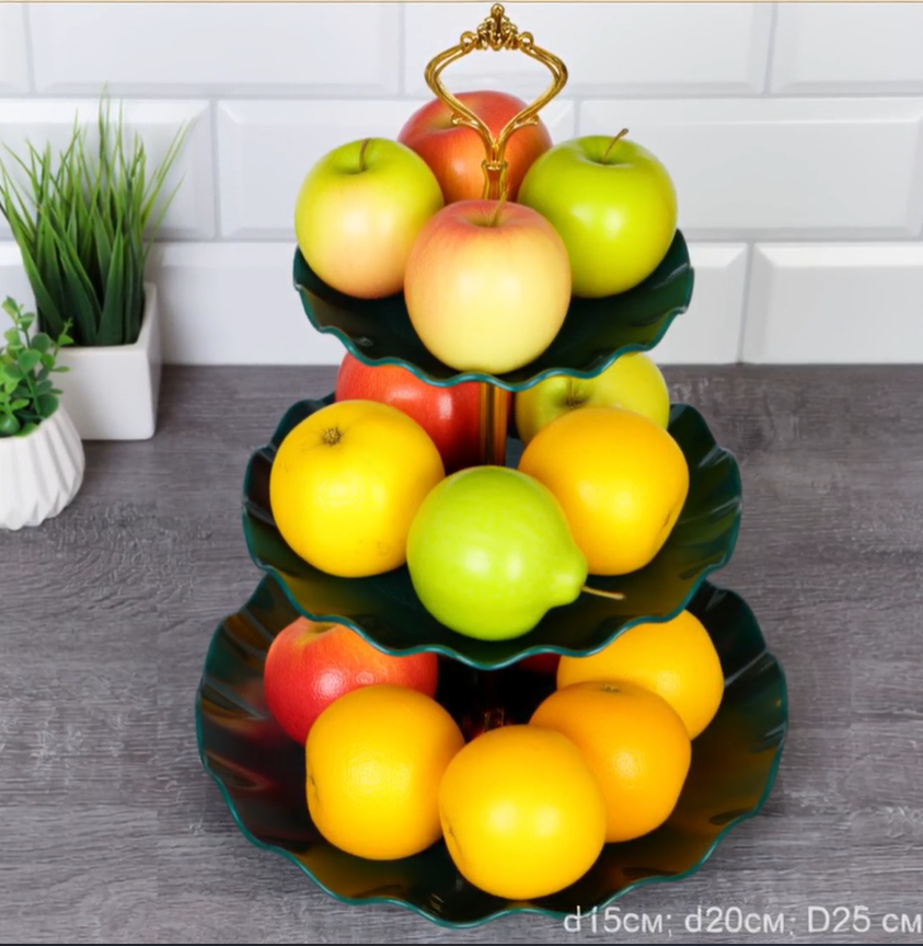 Ваза для фруктов 3-х ярусная 15/20/25 Круг Волна зеленая / D-1267 /уп 80/ Пластик