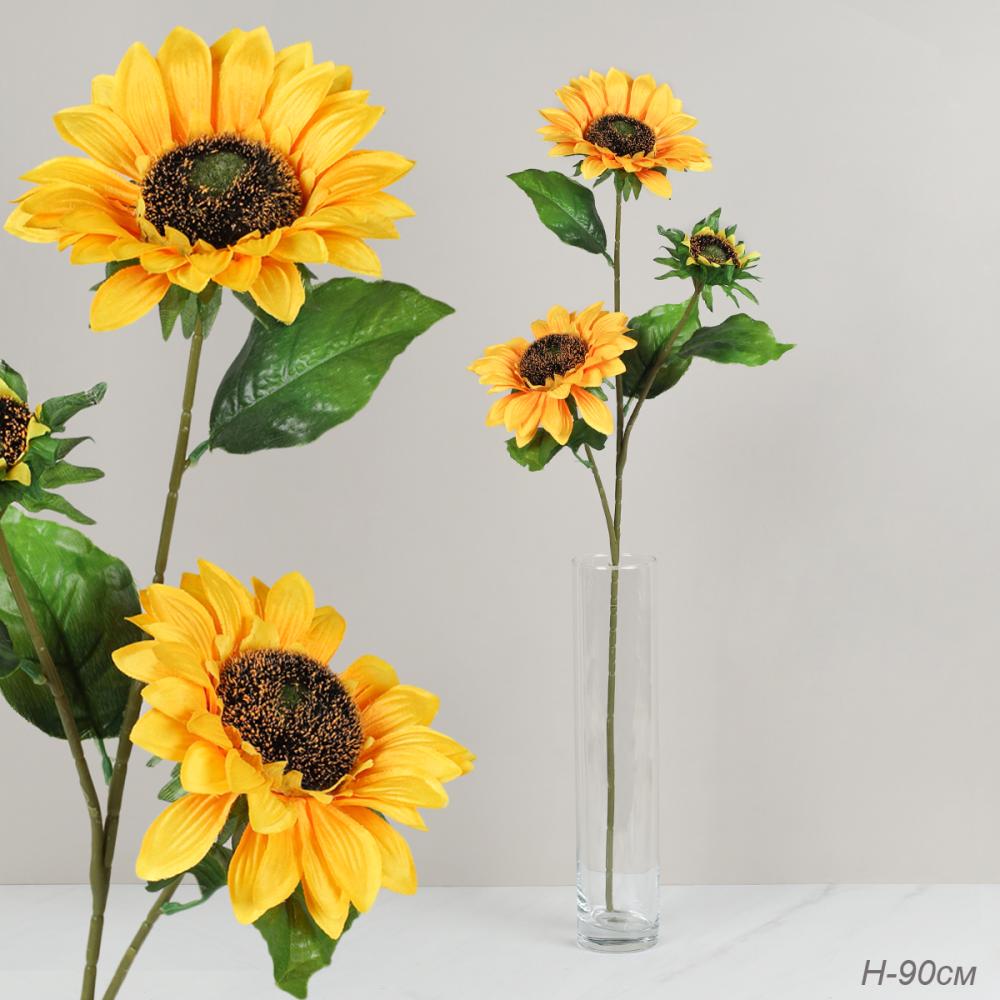 Цветок искусственный Подсолнух 90 см 2 цветка d 15, 1 цветок d 6 / 149NA-35 /уп 120/480/