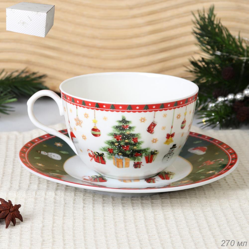 Чайная пара 2 предмета 270 мл тонкостенный / LY-2501 / Новогодняя в подарочной упаковке