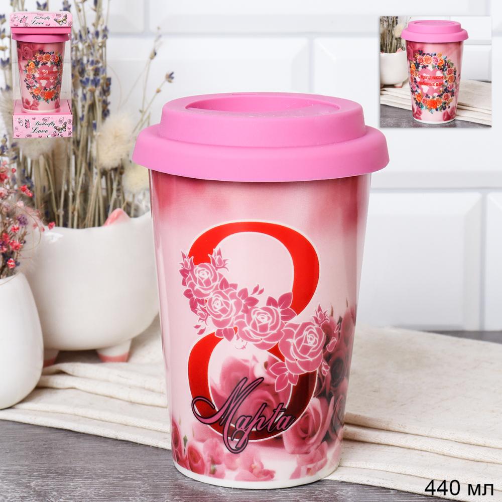 Стакан 440 мл керамика с силиконовой крышкой 8 марта / A932 /уп 6/72/ Розовый