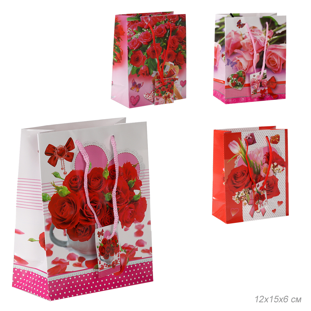 Пакет подарочный 12x15х6 Цветы / 112-15 /уп 12/2400/ микс