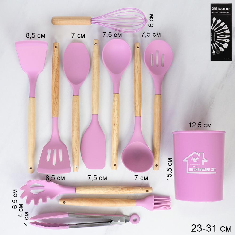 Кухонный набор силиконовый 12 предметов в подставке / KNA-105-1 /уп 16/ 1,029/ 0,892/ Розовый