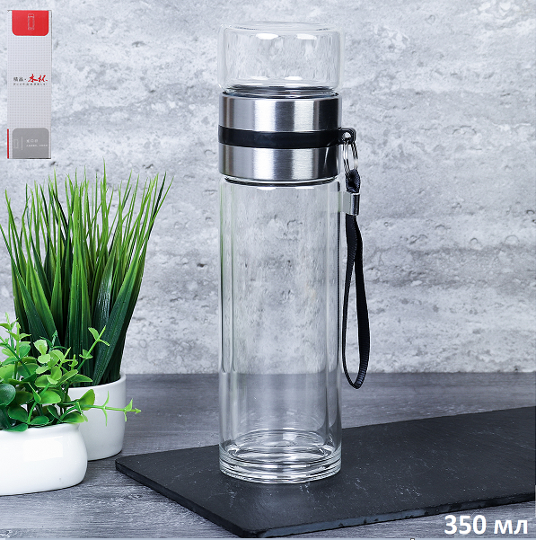 Термос для заваривания чая с ситом 350 мл двойное стекло / HYFL5369 / уп 60/*