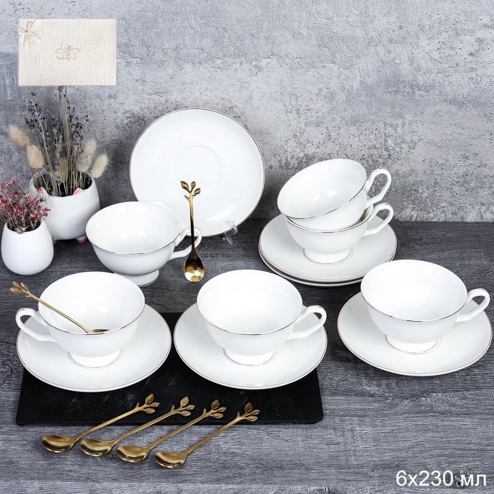 Чайный набор 12 предметов 230 мл / GC57-12G WHITE /уп 8/ костяной фарфор с ложками Веточка золото