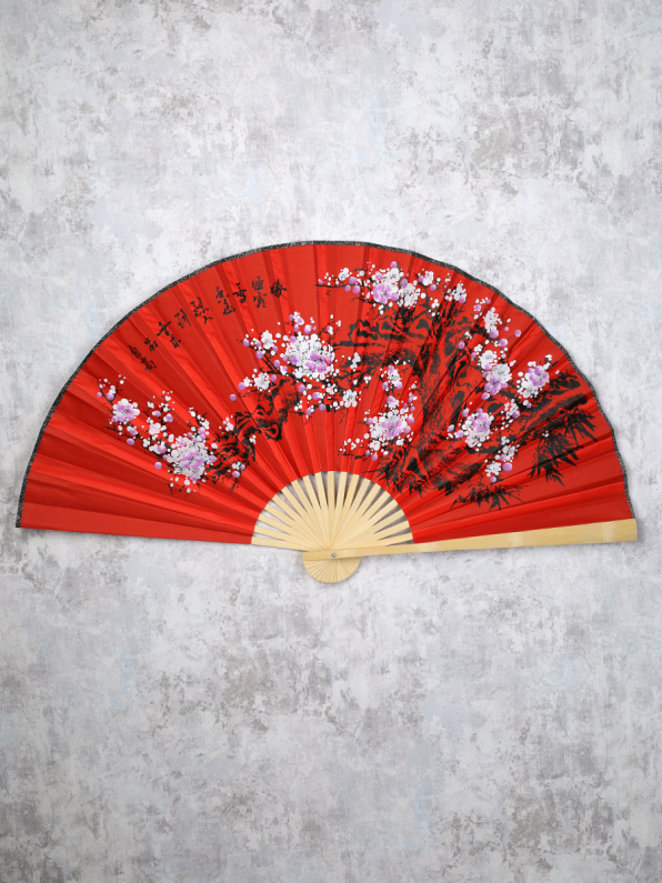 Веер 63 см бамбуковая основа Малиновый с Цветами / 622-12 /уп 75/742905