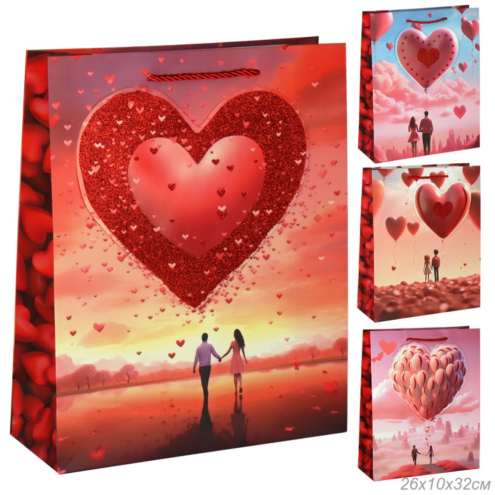 Пакет подарочный 32x26x10 Сердце / 1427M /уп 12/480/ микс