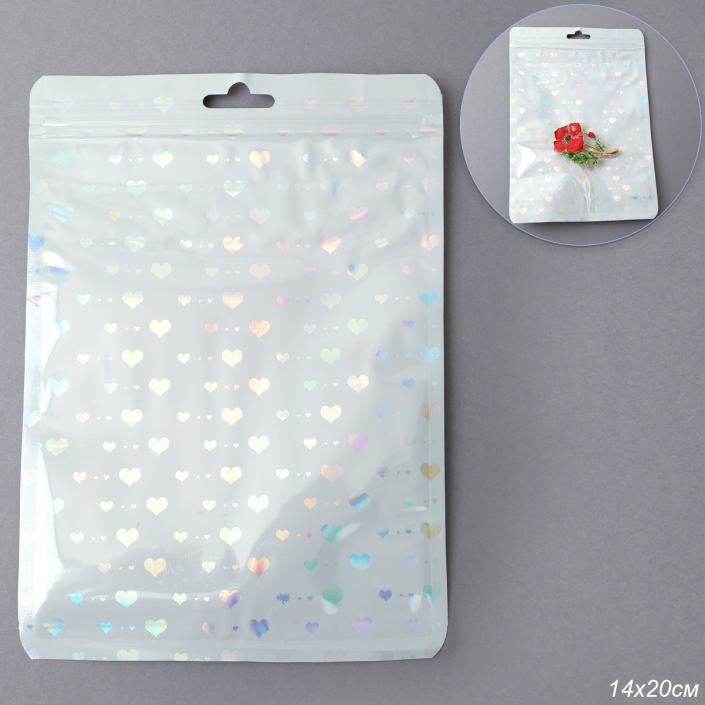 Пакет подарочный 14х20 см сердце белый / ZIP-02-3 / штучно