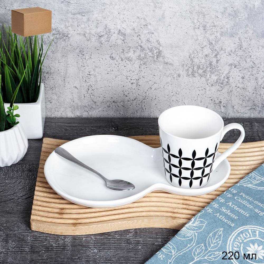 Чайная пара 3 предмета 220 мл с ложкой / YY-966 / кружка белая