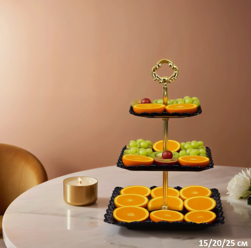 Ваза для фруктов 3-х ярусная 15/20/25 Квадрат черная / D-1265 /уп 100/ Пластик