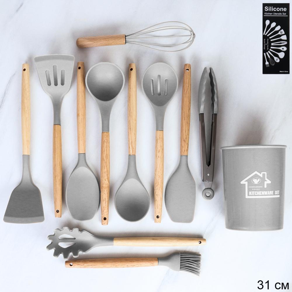 Кухонный набор силиконовый 12 предметов в подставке / MNA-101 /уп 16/ 1,029/ 0,892/ Светло-Серый
