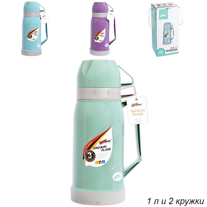 Термос 1 л со стеклянной колбой / EA-100 /уп 12/ 2 кружки в комплекте (Голубой)