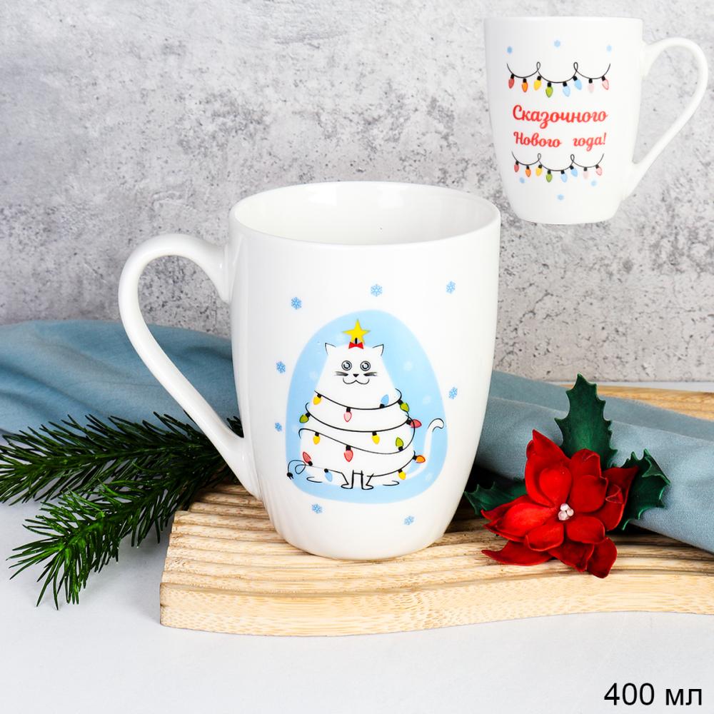 Кружка Новогодние пожелания 400 мл / CAT-517-B /уп 72/новогодняя/ Белый кот
