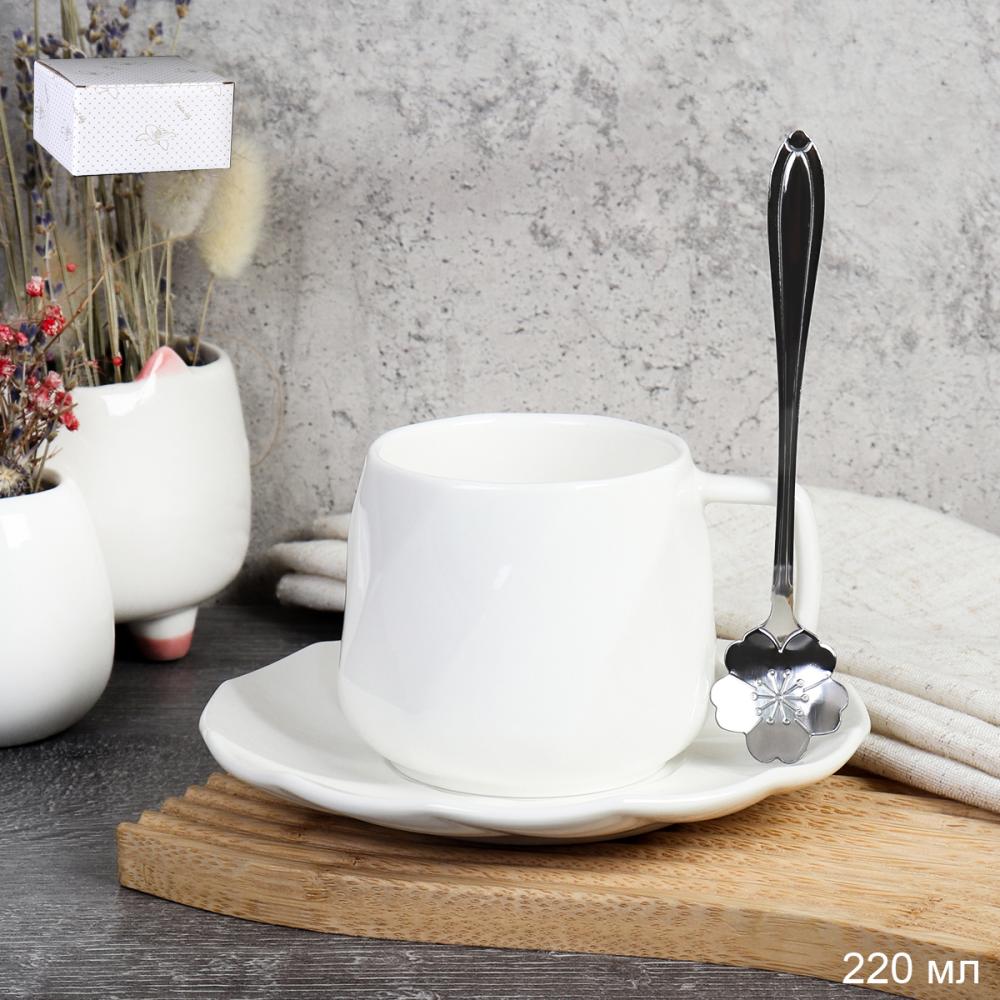 Чайная пара 2 предмета 220 мл ПАРА GH03-220 ПАРА / в подарочной упаковке костяной фарфор с ложкой Цветочек серебро