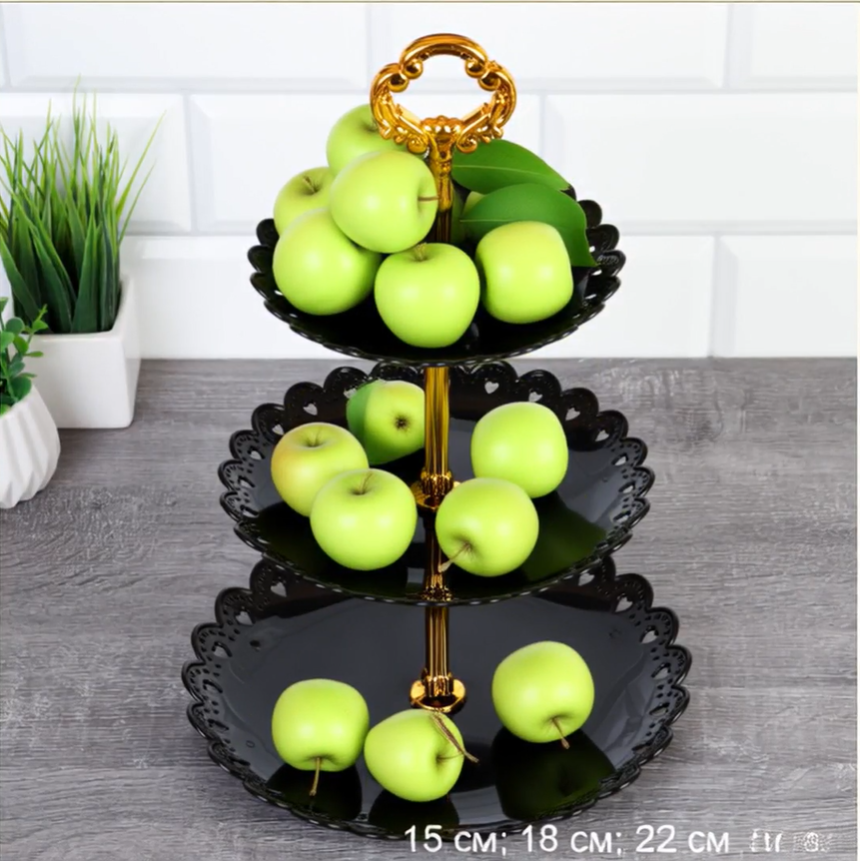 Ваза для фруктов 3-х ярусная 15/18/22 Круг черная / D-1258 /уп 100 / Пластик