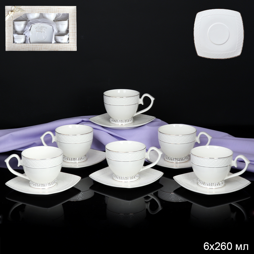 Чайный набор 12 предметов 260 мл на ножке со стразами / GA1-12G /уп 8/ костяной