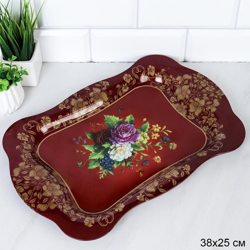 Поднос прямоугольный 38х25 см металл Эмаль / L532 /уп 100/ Бордо
