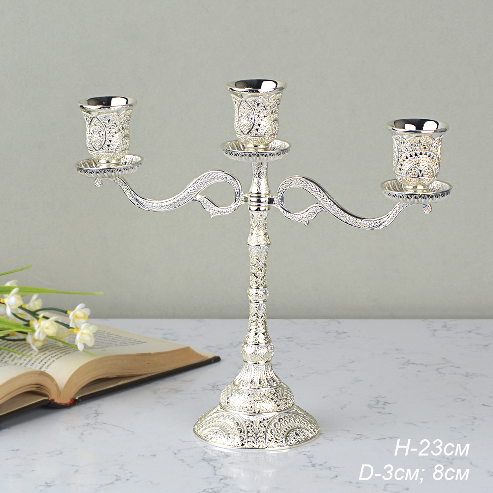 Подсвечник на 3 свечи 23 см серебро резное / 303G /уп 48/