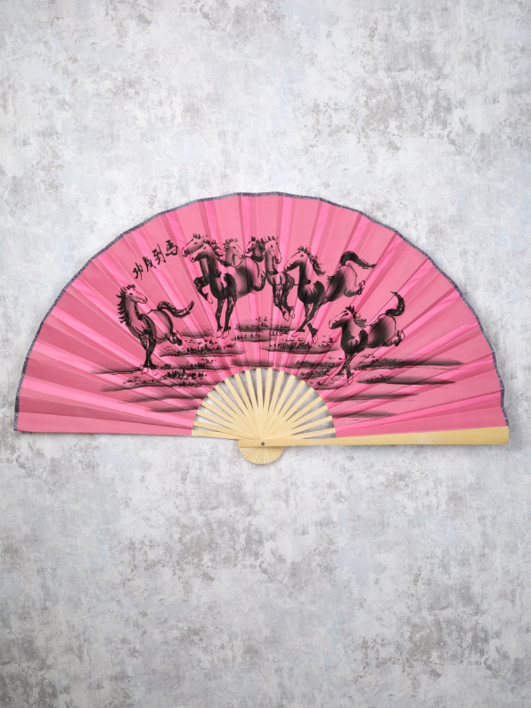 Веер 63 см бамбуковая основа Розовый с Лошадьми / 622-12 /уп 75/742905