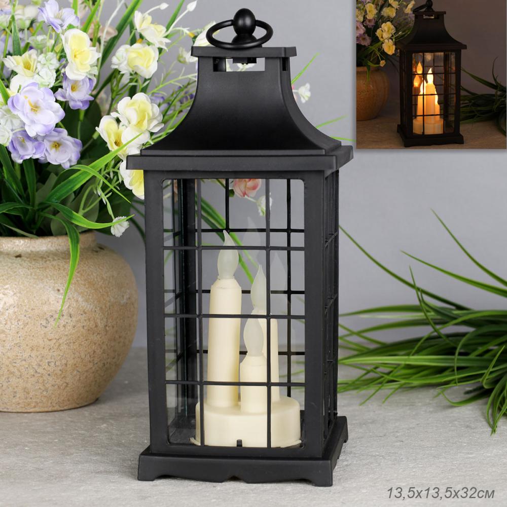 Светильник фонарь настольный Новогодний 33 см три свечи / YR1369B /уп 24/от батареек