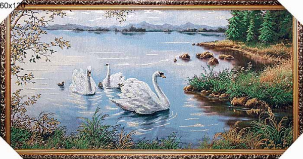 Картина гобелен 60х120 Белые лебеди  / M056/JM316G/золотая нить