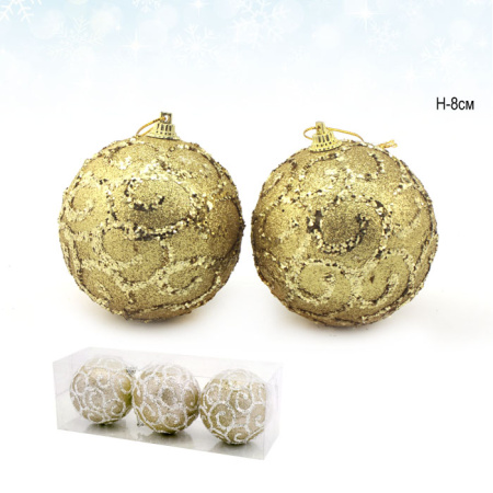 Елочный шар 3 штуки 8 см золотой / CQ1322/8 /уп.120/