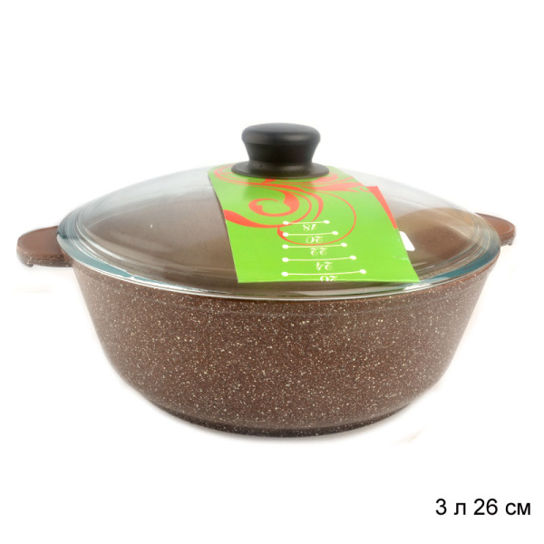 Жаровня 3 л литая 26 см / 10026 /уп 3/ со стеклянной крышкой