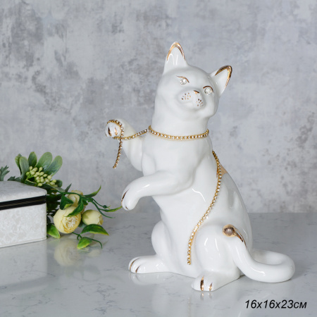 Статуэтка Кошка белая 16х16х23 см / B3012-4 /уп 12/стразы