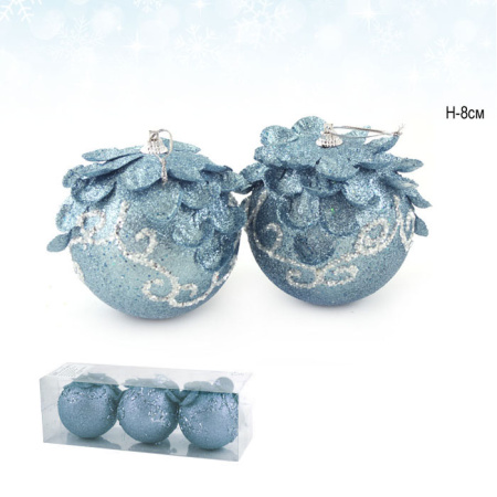 Елочный шар 3 штуки 8 см голубой АКЦИЯ / CQ1313/8 /уп.120/