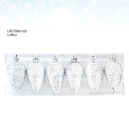 Елочные украшения 6 штук Шишки серебро / LRE7006-103#114 /уп.120/