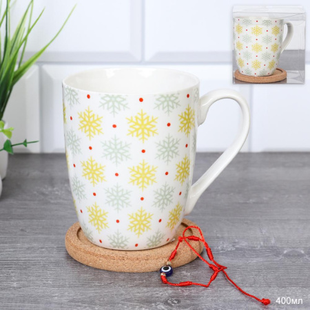 Подарочный набор Кружка 400 мл с подставкой под горячее / K5098/ Снежинки/ АКЦИЯ/новогодняя