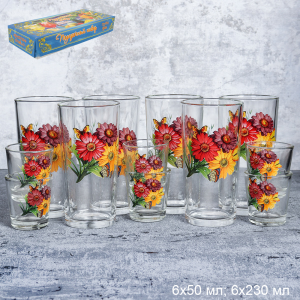 Набор двойка 12 предметов /уп 8/ 6 стаканов и 6 стопок, деколь