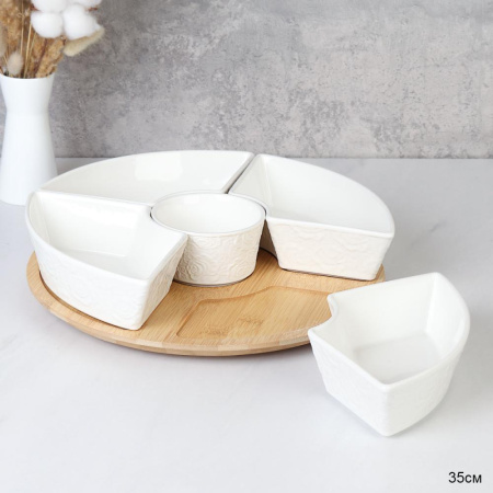 Менажница 5 секций Белые розы / 860026 /уп/ на деревянной крутящейся подставке