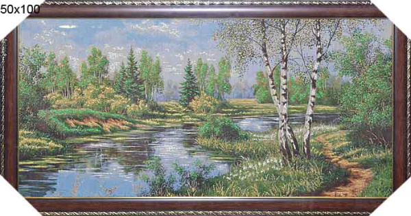 Картина гобелен 50х100 Три березки у реки / M006/10027-1/золотая нить