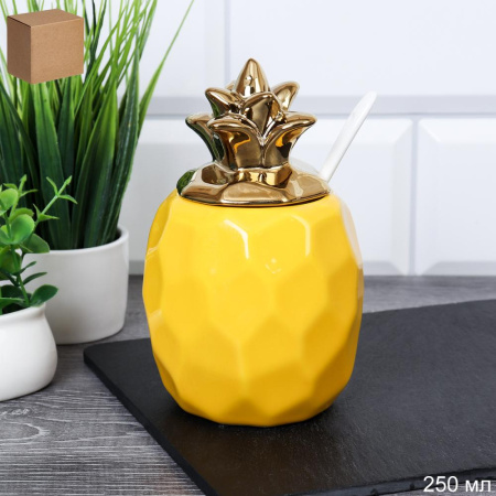 Сахарница 250 мл с ложкой Ананас / CF434 /уп 54/ желтая