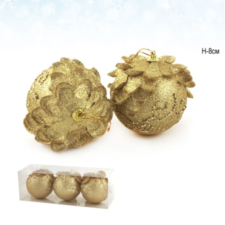 Елочный шар 3 штуки 8 см золотой АКЦИЯ / CQ1313/8 /уп.120/