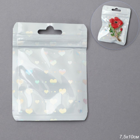 Пакет подарочный 7,5х10 см сердце белый / ZIP-02-1 /уп 100/5000/ zip-lock застежка
