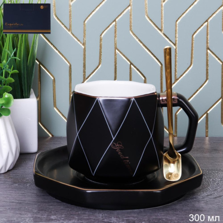 Чайная пара 300 мл 3 предмета с ложкой / 61-05 black /уп 48/черный