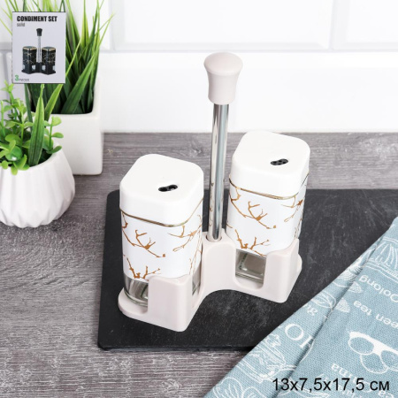 Набор для специй 2 предмета на металл подставке / T021-6 W /уп 42/ стекло/пластик