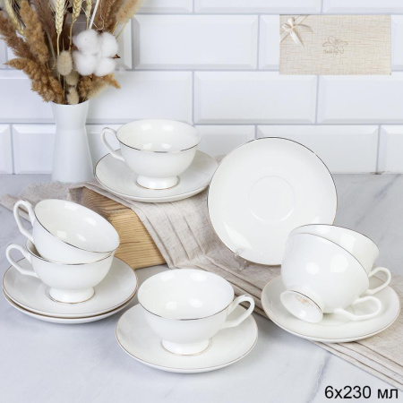 Чайный набор 12 предметов 230 мл / GC57-12G WHITE /уп 8/ костяной фарфор