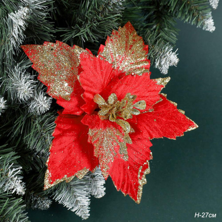 Цветок декоративный Пуансеттия 27 см красная с золотом / P3 /уп 48/480/