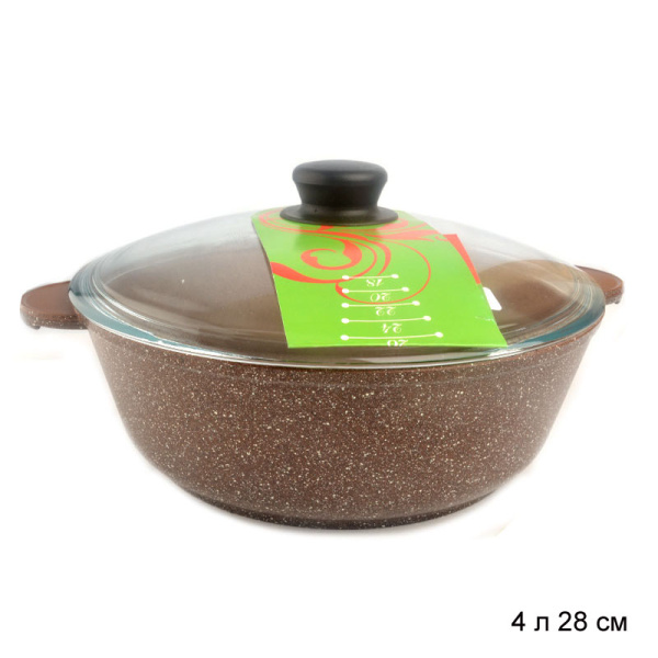 Жаровня 4 л литая 28 см / 10028 /уп 3/ со стеклянной крышкой