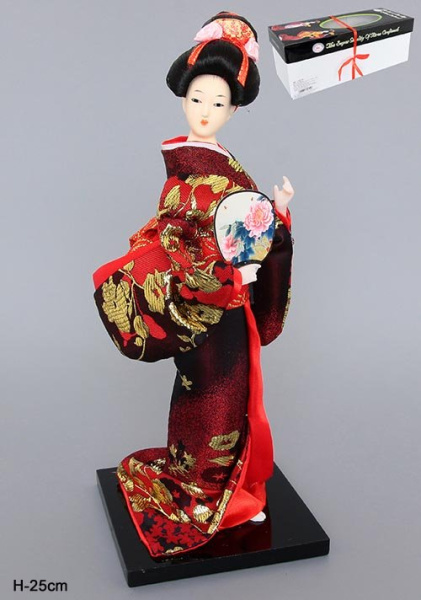Статуэтка Японка бордовое кимоно с веером 25 см / 170716