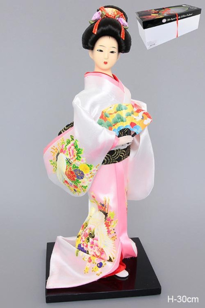Статуэтка Японка светло-розовое кимоно с веером 30 см / 170723